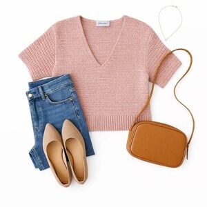 Rachel Comey Short Sleeve Crochet Sweater Pink Wool Blend Boxy Fit L in GUC